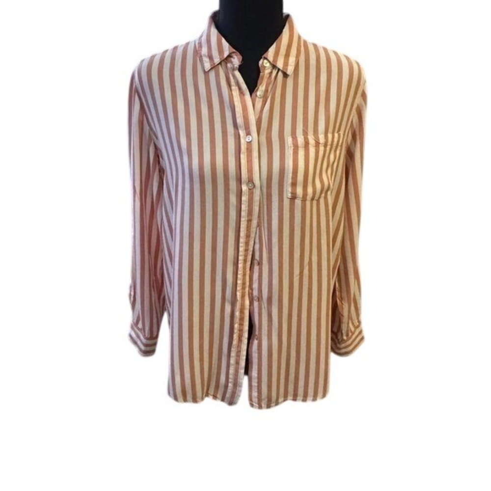 Jane + Delancey Orange White Striped Button Down Blouse Roll Tab Sleeve Medium